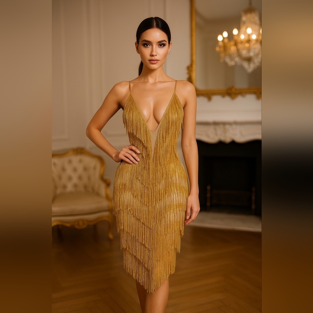 Fully Rhinestone Gold Layered Fringe Dress Flapper Dream Girl Costume